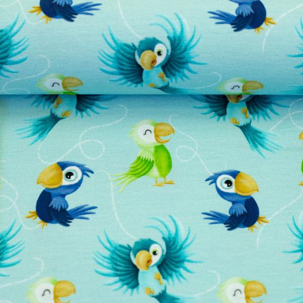 Baumwolljersey Ahoi Papageien auf Türkis von Mrs. Mint Design by Swafing